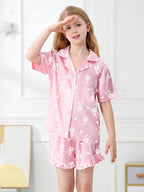 Umeyda Girls & Women Satin Pajamas Set Button Down 2 Piece Silk Pjs Shorts Set Ruffle Sleepwear, 5 Years-Women L