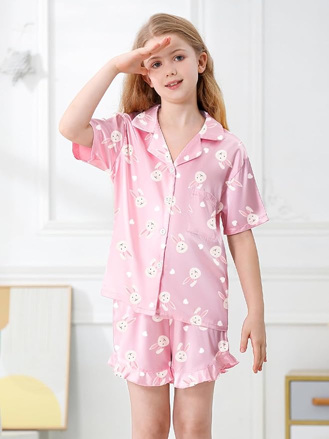 Umeyda Girls & Women Satin Pajamas Set Button Down 2 Piece Silk Pjs Shorts Set Ruffle Sleepwear, 5 Years-Women L