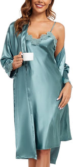 BestWendding Women's Silk Robe Set 2 Pieces Pajamas Sets Sexy Soft Satin Robe with V Neck Camisole Lingerie Nightgown
