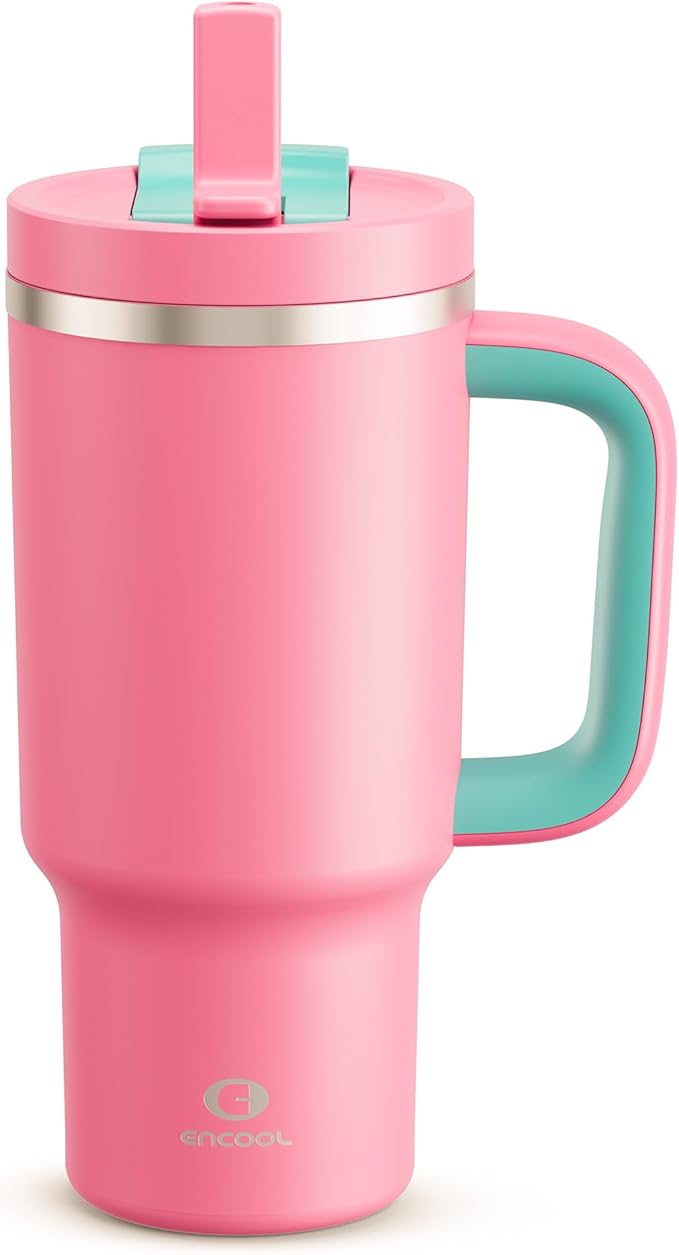 ENCOOL 32 oz Tumbler with Handle and Straw: Stainless Steel Insulated Tumbler Keeps Cold for 24 Hours, Leakproof Travel Cup Fits in Cup Holder and BPA-Free,Tulip