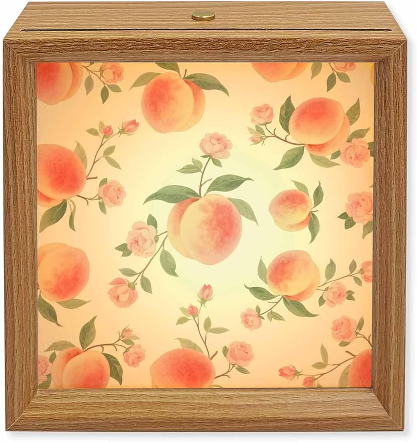 Wood Night Light Box 6.5x6.5in,Summer Fruit Pink Honey Peach Table Lights Wooden Picture Frame with USB Rechargeable Touch LED Lights for Home Decor Desktop Display,Watercolor Plants