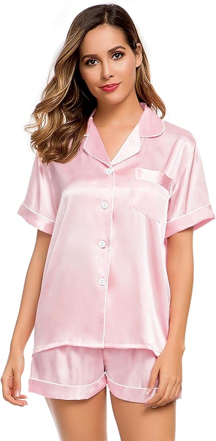 LecGee Womens Silk Satin Pajamas Short Sleeve Loungewear Two-Piece Sleepwear Button-Down Pj Set
