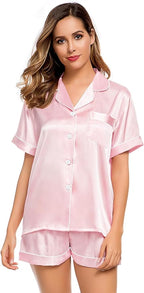 LecGee Womens Silk Satin Pajamas Short Sleeve Loungewear Two-Piece Sleepwear Button-Down Pj Set