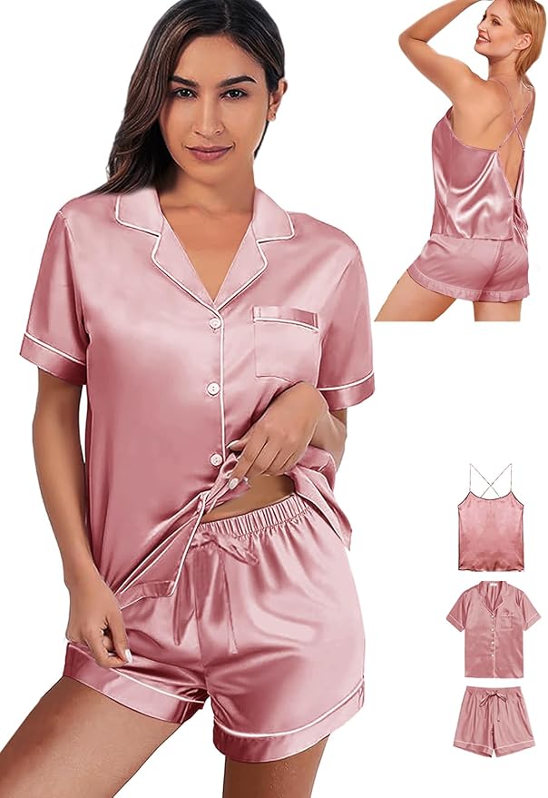 WJing Yi Jia 3Pcs Silk Pajamas Set for Women XS-4XL Satin Pajama Lingerie Pjs Cami Tops Silky Pj Sets Sleepwear Nightwear