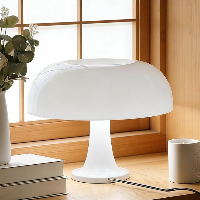 25W White Mushroom Lamp, LED Retro Table Lamp with 3 Color Temperatures and 4 Bulbs, Mid Century Modern Nightstand Light for Bedroom, Living Room, Office Aesthetic Decor, US Plug Powered, E14 Sockets