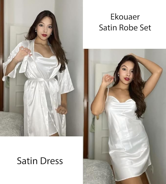 Ekouaer Women's Satin Robe Set Nightgown with Robes Silk Pajama Set 2 Pieces Lingerie Cowl Neck Cami Sleepwear Sets