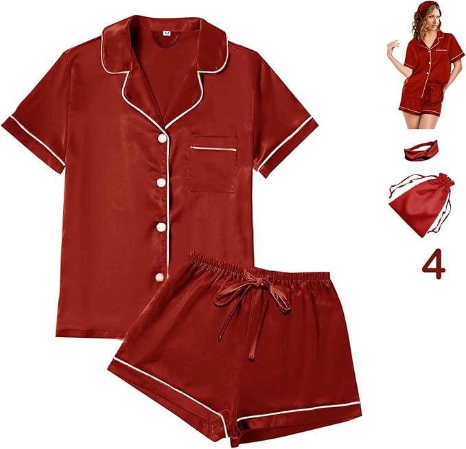 WJing Yi Jia 4Pcs Womens Satin Silky Pajama Sets Short Sleeve Shirt XS-4XL Floral Pajamas Set Soft PJ Loungewear Sleepwear