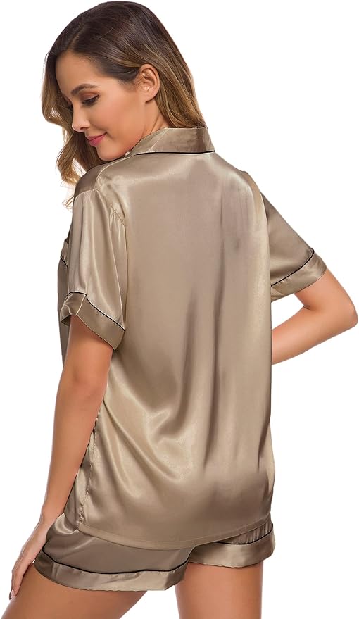 SWOMOG Womens Silk Satin Pajamas Set Short Sleeve Sleepwear Button Down Top and Shorts Loungewear 2 Piece Pjs Set XS-3XL