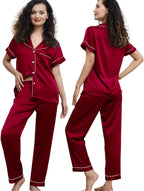 WJing Yi Jia Womens Pajamas Set XS-4XL Floral Silk Satin Pajama Sets Silky Pj Sets 2Pcs Loungewear Sleepwear Button Down Pjs