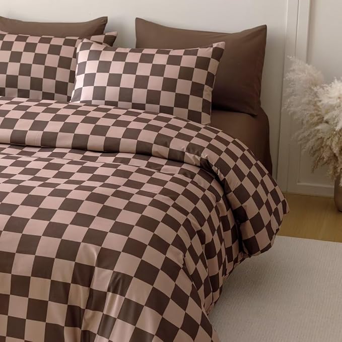 CLOTHKNOW Brown Plaid Comforter Sets Twin/Twin XL 3Pcs Grid Bedding Comforter Sets Dark Brown Checker Comforter Checkered Bedding Sets