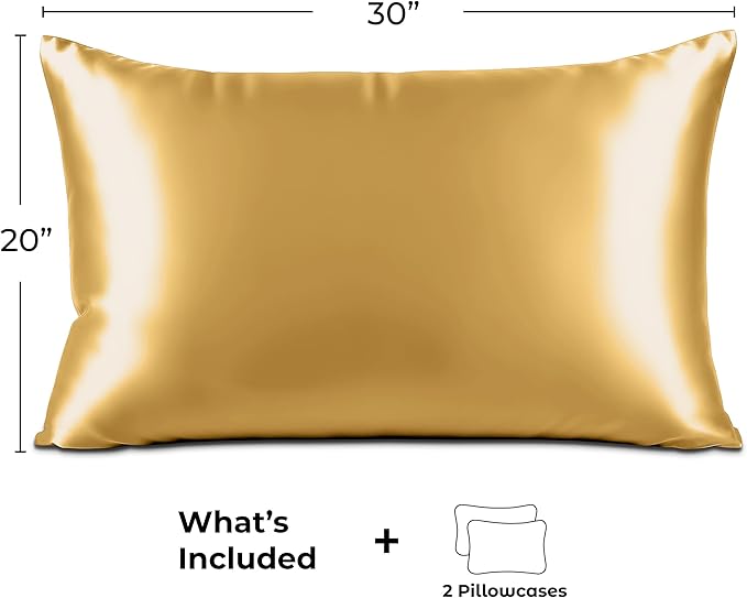 Satin Pillowcase 2 Pack - Queen Size (20"x30", Gold) - Silky Pillow Cases for Hair and Skin - Satin Pillow Covers with Envelope Closure - Extra Soft Premium Microfiber