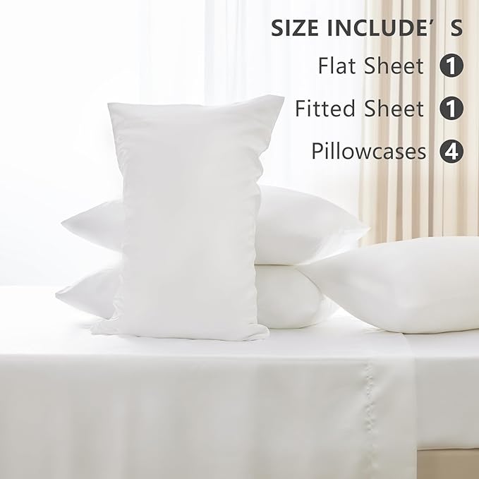 CozyLux Satin Sheets Full Size Sheets - 6 Piece Silky Full Size Bed Sheets, Luxury White Full Bed Set with Smooth and Soft Microfiber, Includes 1 Fitted Sheet, 1 Flat Sheet and 4 Pillowcases