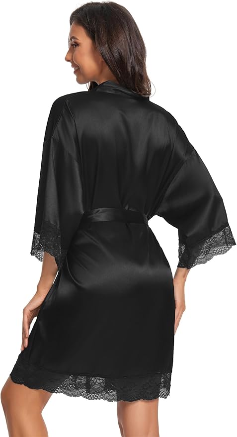 Kihnop Women's Satin Robe Silk Robe Lace Bridal Robes for Bride Bridesmaid Robes Silky Bathrobe Getting Ready Sleepwear