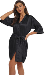 Women's Pure Short Kimono Robes Bride Bridesmaids Silky Bathrobe Lightweight Satin Sleepwear