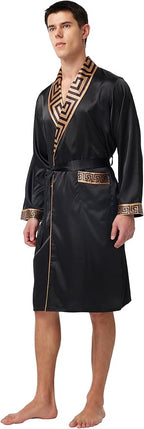 Tony & Candice Men's Satin Robe Lightweight Long Sleeve Silk Kimono Bathrobe with Shorts Set Sleepwear