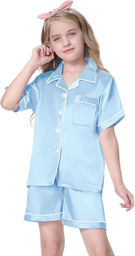 Girls & Womens Satin Pajamas Set, Silk Button-Down Sleepwear 2 Piece Nightwear, 3 Years - Women XXL