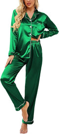 Ekouaer Women's Classic Button Down Long Satin Silk Pajama Set