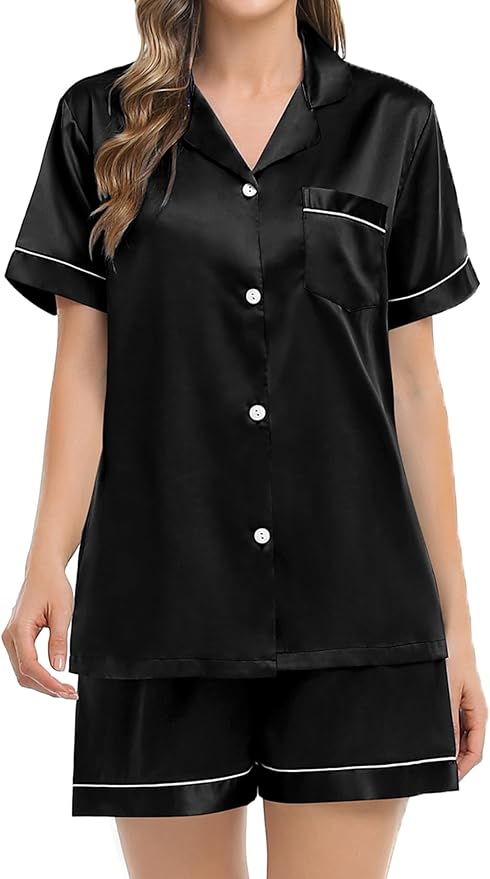 SWOMOG Womens Silk Satin Pajamas Set Short Sleeve Sleepwear Button Down Top and Shorts Loungewear 2 Piece Pjs Set XS-3XL