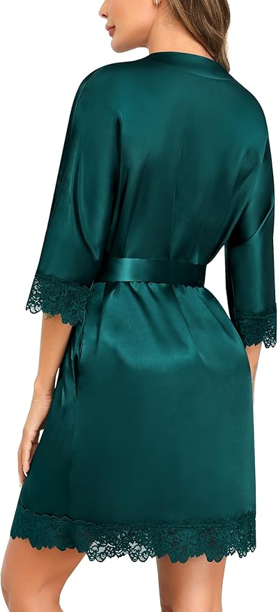 SWOMOG Women's Satin Robe Set 2 Piece Sexy Pajamas Sets Lace Cami Nightgown and Silk Robes Nightwear