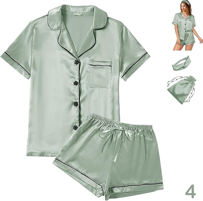 WJing Yi Jia 4Pcs Womens Satin Silky Pajama Sets Short Sleeve Shirt XS-4XL Floral Pajamas Set Soft PJ Loungewear Sleepwear