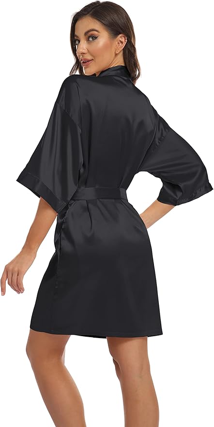 Women's Pure Short Kimono Robes Bride Bridesmaids Silky Bathrobe Lightweight Satin Sleepwear