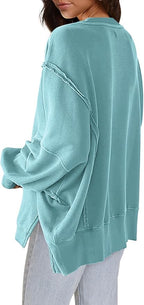 Nirovien Womens Oversized Crewneck Sweatshirt Side Slit Long Sleeve Pullover Slouchy Fit Tops