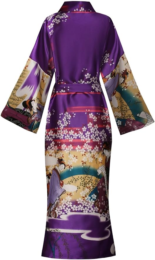 Valennia Women Long Silky Bathrobe Satin Kimono Robe Floral Printed Dressing Gown Sleepwear