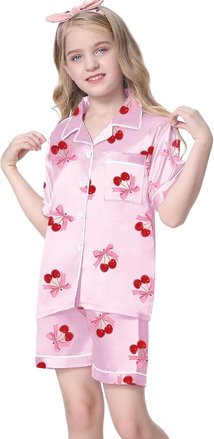 Umeyda Women & Girls Pajamas Set, Soft Satin Lightweight Silk Button-Down Top with Shorts 2 Piece PJS for Mom Boys Kids Gifts