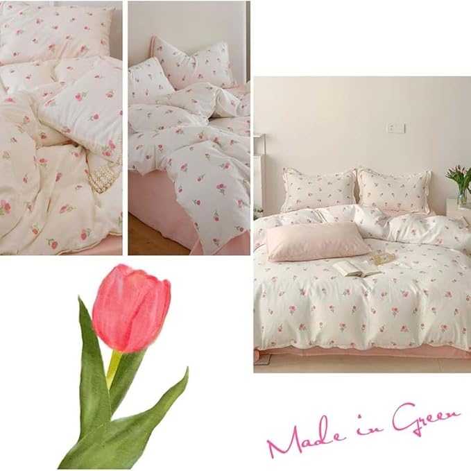Nayoroom Pink Floral Duvet Cover Full Size Cute Tulip Printed on White Comforter Cover 3Pcs Kids Girls Kawaii Cottagecore Bedding Set with Zipper Closure Soft Breathable Microfiber