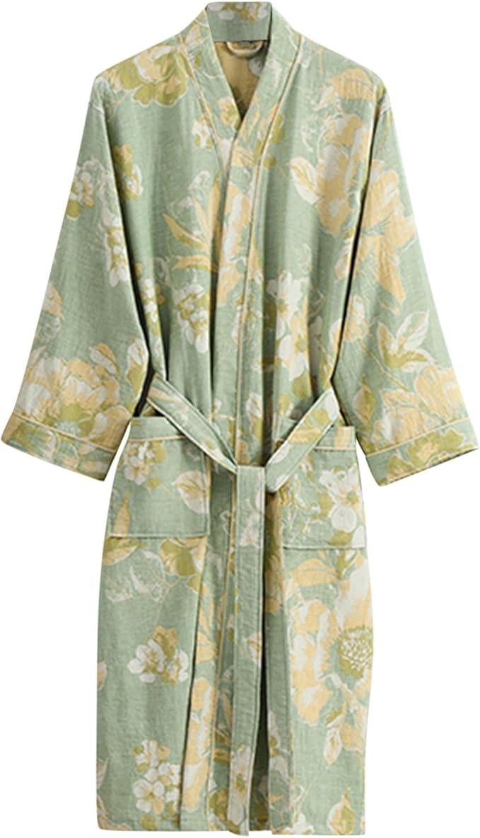 Womens Boho Floral Print Robe Lightweight Short Sleeve Bathrobe Soft Kimono Robes V-neck Loungewear with Pockets