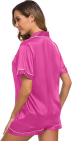 SWOMOG Womens Silk Satin Pajamas Set Short Sleeve Sleepwear Button Down Top and Shorts Loungewear 2 Piece Pjs Set XS-3XL