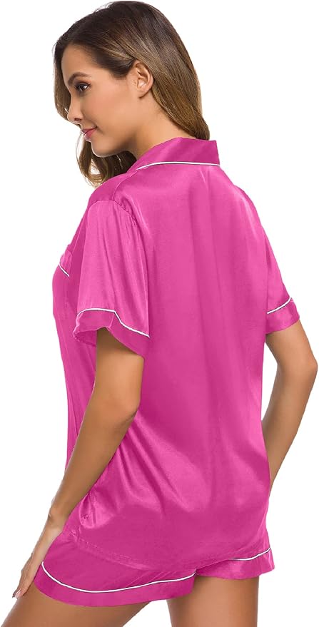 SWOMOG Womens Silk Satin Pajamas Set Short Sleeve Sleepwear Button Down Top and Shorts Loungewear 2 Piece Pjs Set XS-3XL
