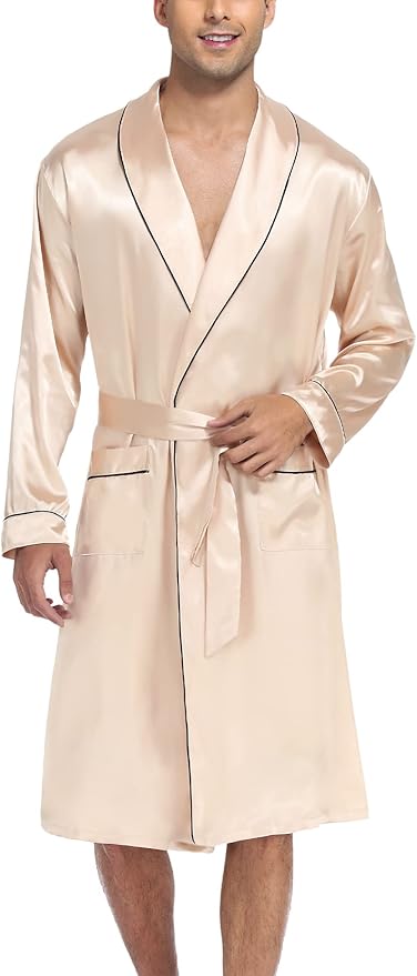SWOMOG Men's Satin Robe Silky Kimono Bathrobe with Shorts Set Lightweight Soft Loungewear Nightwear