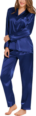 SWOMOG Long Sleeve Pajamas Set Silk Satin Sleepwear Button Down Pjs Loungewear with Pocket
