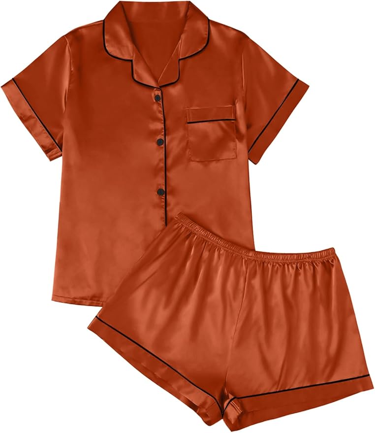 LILLUSORY Silk Satin Pajama Set for Women 2 Piece Lounge Pjs Winter Matching Summer Sleepwear Button Down Shirt Shorts