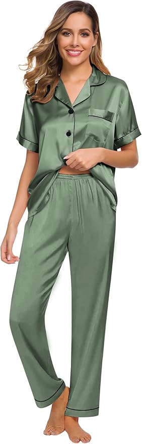 SWOMOG Women Satin Pajamas Set Short Sleeve Top & Pants Sleepwear Silky Button Down Nightwear 2pcs Loungewear Pjs Set