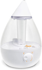 Crane White Teardrop Ultrasonic Cool Mist Humidifier, 1 Gallon Auto Shut-Off for Large Room, Baby Nursery, Bedroom Office, Clear & White
