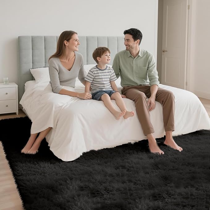 Ultra Soft Shag 8x10 Black Area Rug – 8x10 Rugs for Living Room, Non-Slip, Fluffy Plush Large Carpet, Shaggy Furry Rug for Bedroom, Dorm, Kids and Girls Room, Nursery, Home Office Décor