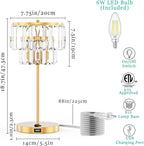 Bedside Lamp for Bedroom, Gold Crystal Table Lamp 18 Inches, Tiffany Clear Crystal Drops, USB Charging Port, E12 Socket, 6W LED Bulb Included, Golden Decorative Desk Light(1 Pack, Brass Finish)