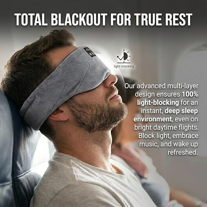 Sleepals Bluetooth Sleep Mask with 24 Built-in White Noise Sounds, Ultra-Slim Headphones for Side Sleepers, 100% Light Blockout 3D Eye Mask, Washable Fleece Sleep Headphones (Gray)