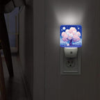 Cherries Blossom Night Lights Plug Into Wall, Night Fanciful Moon Stars Spring Peach Smart Led Plug in Lights for Wall Socket for Bathroom Closet Laundry Room Decor 1pcs