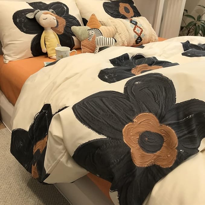 CLOTHKNOW Black Sunflower Queen Comforter Set Floral Bedding Comforter Sets Brown Plaid Comforter Soft Botanical Queen Comforter with 2 x Pillow Cases