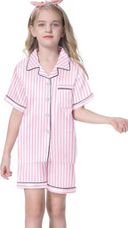 Umeyda Women & Girls Pajamas Set, Soft Satin Lightweight Silk Button-Down Top with Shorts 2 Piece PJS for Mom Boys Kids Gifts