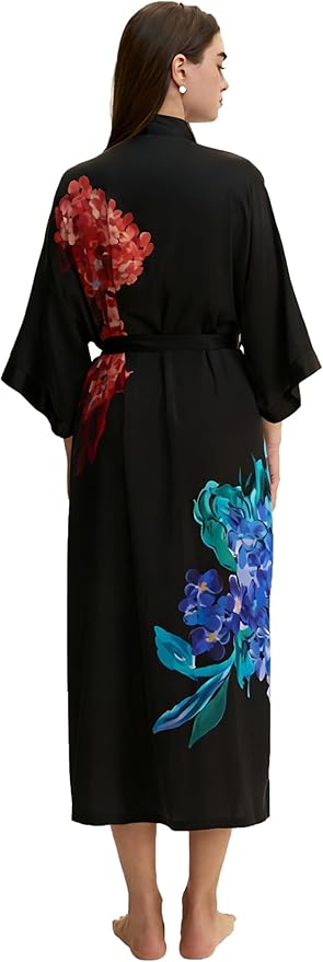 Kihnop Women's Floral Long Kimono Robe Long Satin Robe Long Silk Robe Ladies Kimonos Silky Bathrobe Cover Up, One Size