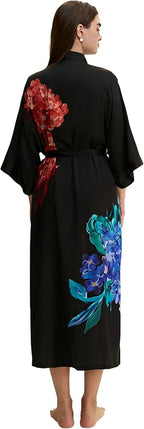 Kihnop Women's Floral Long Kimono Robe Long Satin Robe Long Silk Robe Ladies Kimonos Silky Bathrobe Cover Up, One Size