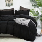 CLOTHKNOW Black Queen Comforter Set 3Pcs Ruffle Bedding Comforter Sets Shabby Chic Comforter Queen with 2 x Pillow Cases Farmhouse Bedding