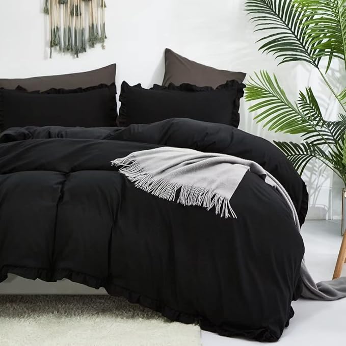 CLOTHKNOW Black Ruffle California King Comforter Set 3Pcs Bedding Comforter Sets Farmhouse Shabby Chic Comforter with 2 x Pillow Cases