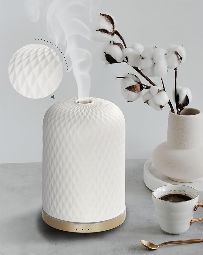 Onaboviva Essential Oil Diffuser - 2.4MHz Ultrasonic Ceramic Diffuser for Home, 110ml, 1/2/3H Mist Timer, Silent (≤25dB), Waterless Auto-Off, Aromatherapy Diffuser with USB Cable