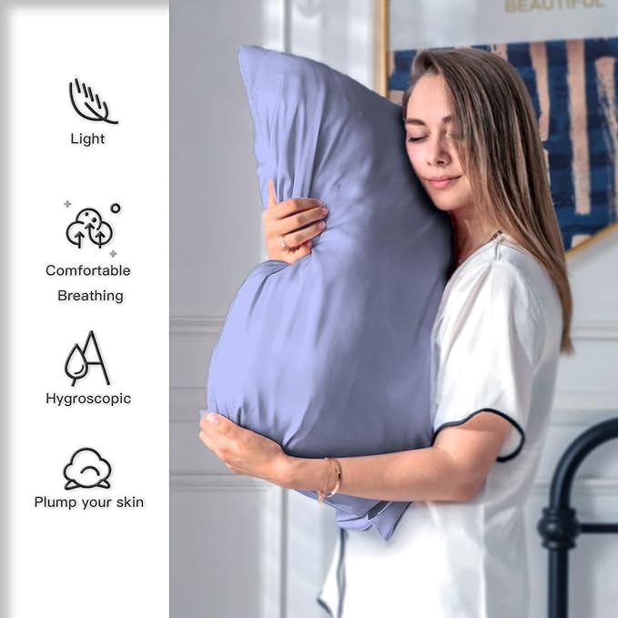 Natural Mulberry Silk Pillowcase for Hair and Skin Queen Size 20"X30" Pillow Case with Hidden Zipper Soft Breathable Smooth Cooling Silk Pillow Covers for Sleeping (Grayish Blue,Queen,1Pcs)