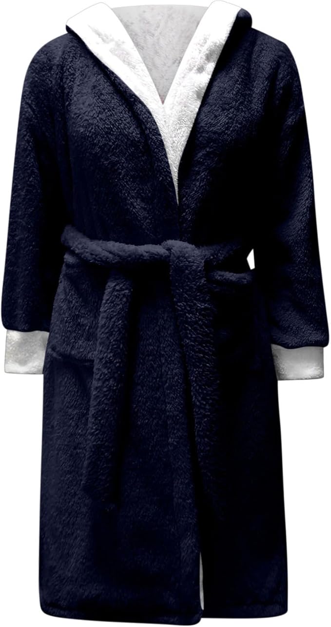 Fuzzy Plush Bathrobe Women Fashion Hooded Thicken Fleece Lined Warm Comfy Long Robe Flannel Loungewear